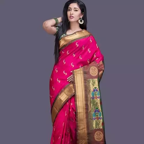 Pink paithani saree with taupe colored pallu for wedding