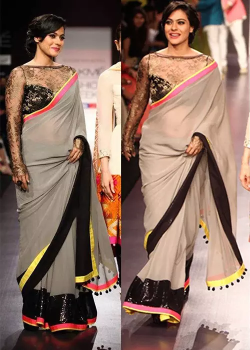 Kajol in a plain gray and black bordered saree with Chantilly lace blouse