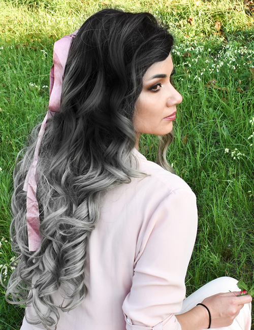 A super cool storm silver ombre on waist-length hair