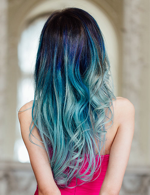 Black and ice blue ombre on blow dried hair 
