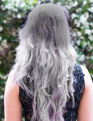 Lilac grey ombre on long hair for an ethereal look
