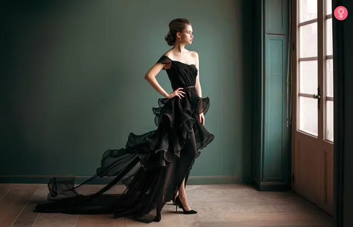 A lady in a black asymmetrical hem dress