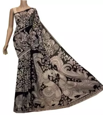 Black and beige Kalamkari saree with a floral motif and matching blouse