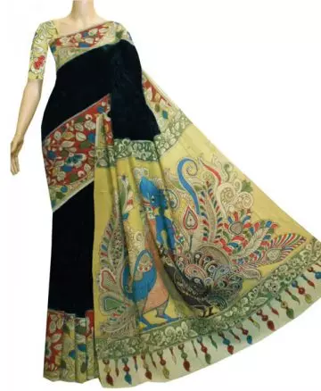 Black and yellow crepe Kalamkari saree with matching blouse