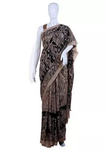 Black pen Kalamkari crepe saree with matching blouse