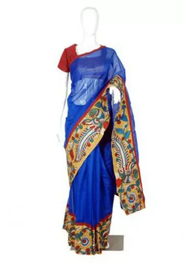 Blue chanderi hand printed Kalamkari saree with matching blouse