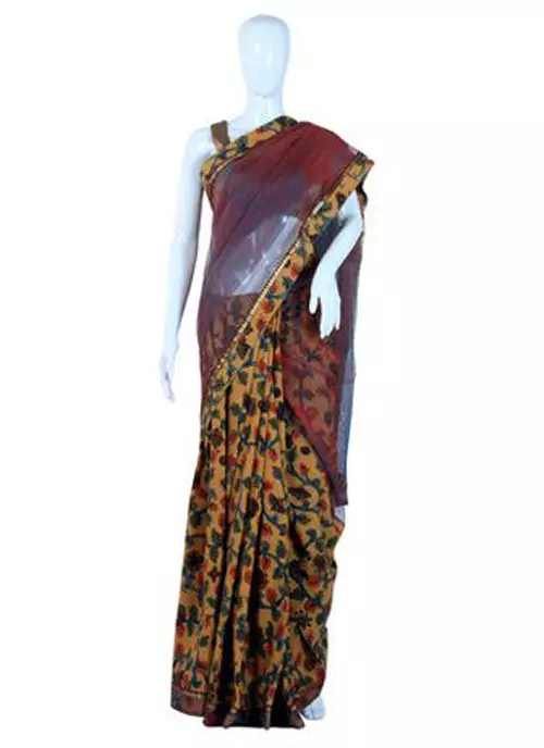 Cotton and net half and half Kalamkari saree with matching blouse