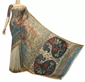 Kalamkari printed saree in Kosa silk with matching blouse