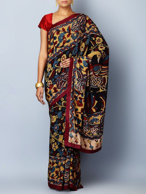 Multi-color crepe Kalamkari saree with zari border and matching blouse