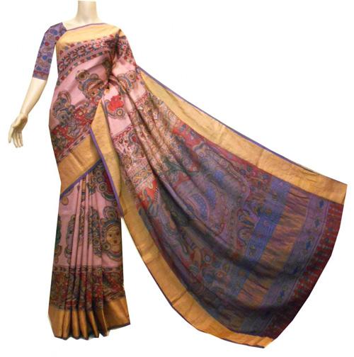 Pink uppada with Kalamkari print and matching blouse