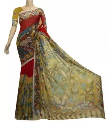 Red georgette Kalamkari saree with with matching blouse