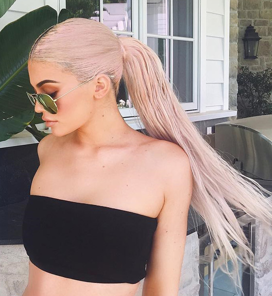 Kylie Jenner blush pink center parted hairstyle