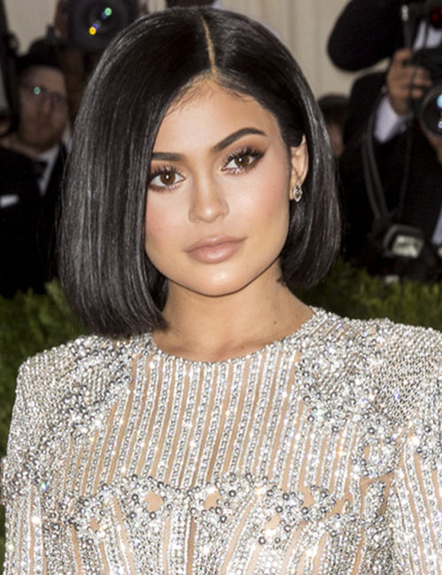 Kylie Jenner jet black asymmetrical bob hairstyle
