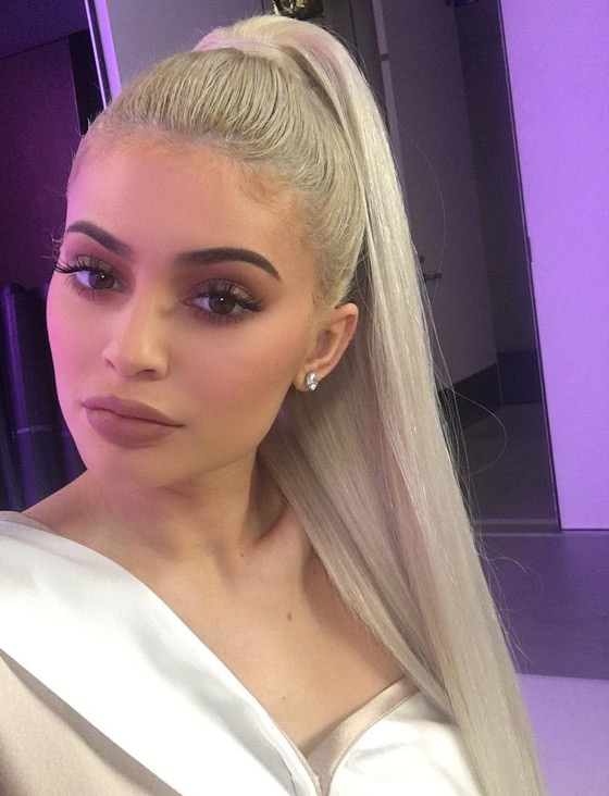 Kylie Jenner silver blonde high ponytail hairstyle