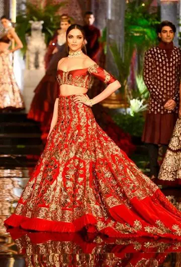1. Deepika Padukone Wearing Red Off Shoulder Lehenga Choli
