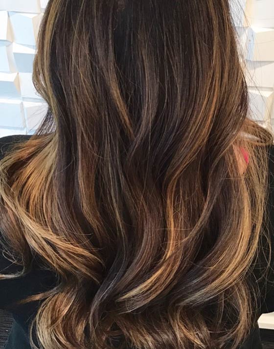Chocolate brown and honey blonde balayage hair color