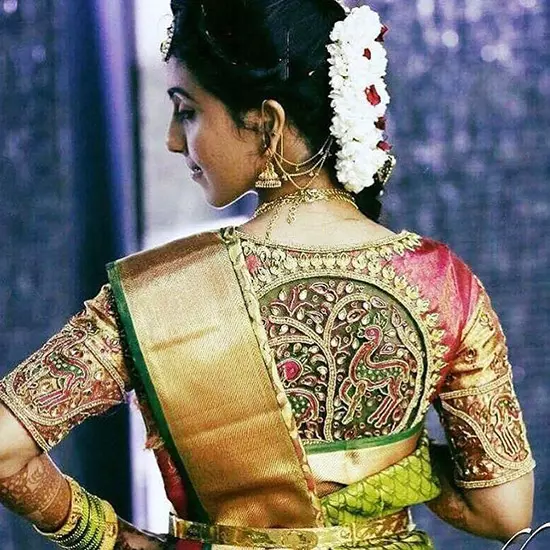 Pattu saree blouse design with a back neck design