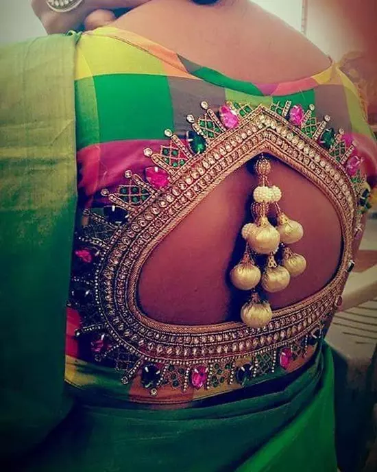 Kundan pattu saree blouse with pot neck design