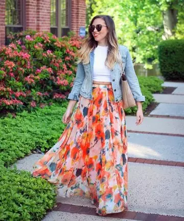 Wear your floral maxi skirt with denim jacket