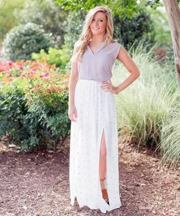 Wear your chiffon maxi skirt with a side split in summer