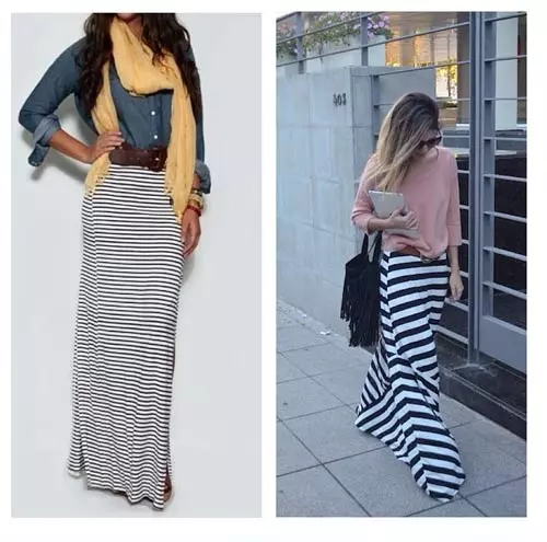Wear black horizontal striped maxi skirt with belt, boots and hat
