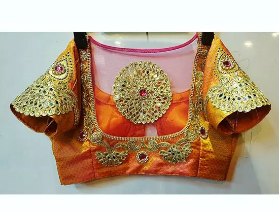 Sheer Embroidery pattu saree blouse design with half sleeves