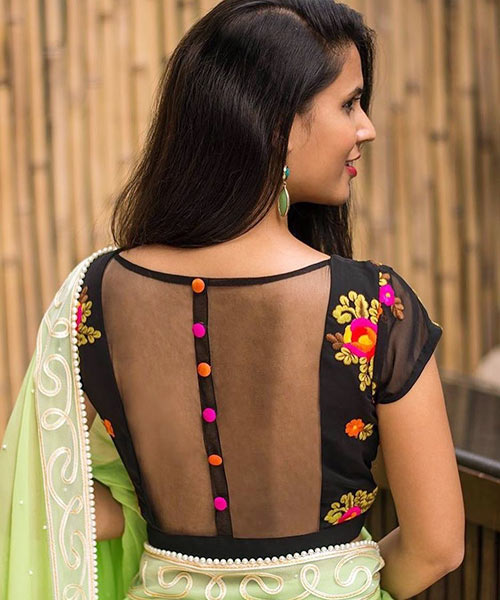 Georgette blouse back neck designs with sheer sleeves
