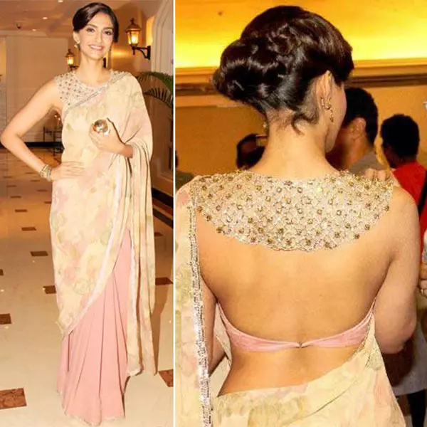 Satin open back blouse back neck designs in Sonam Kapoor style