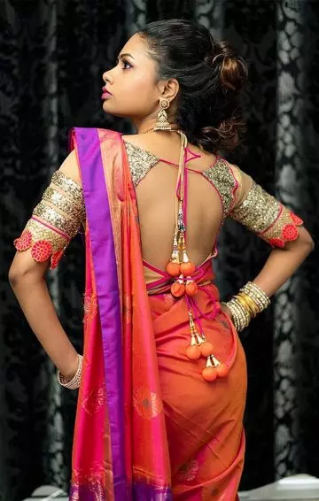 Pattu saree blouse design with a deep neck