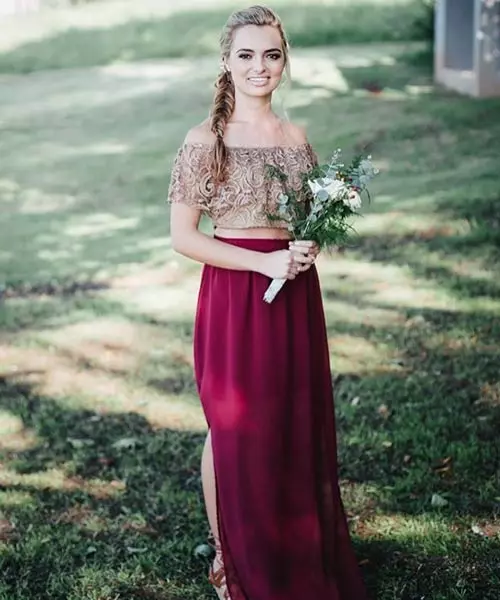 Wear your burgundy maxi skirt with an off shoulder top