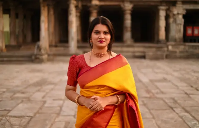 A woman in a yellow pattu saree with a red border