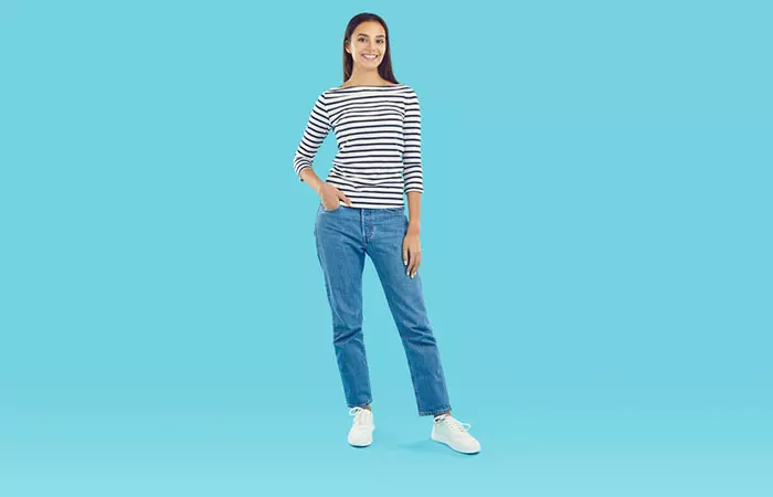 A woman in straight leg jeans