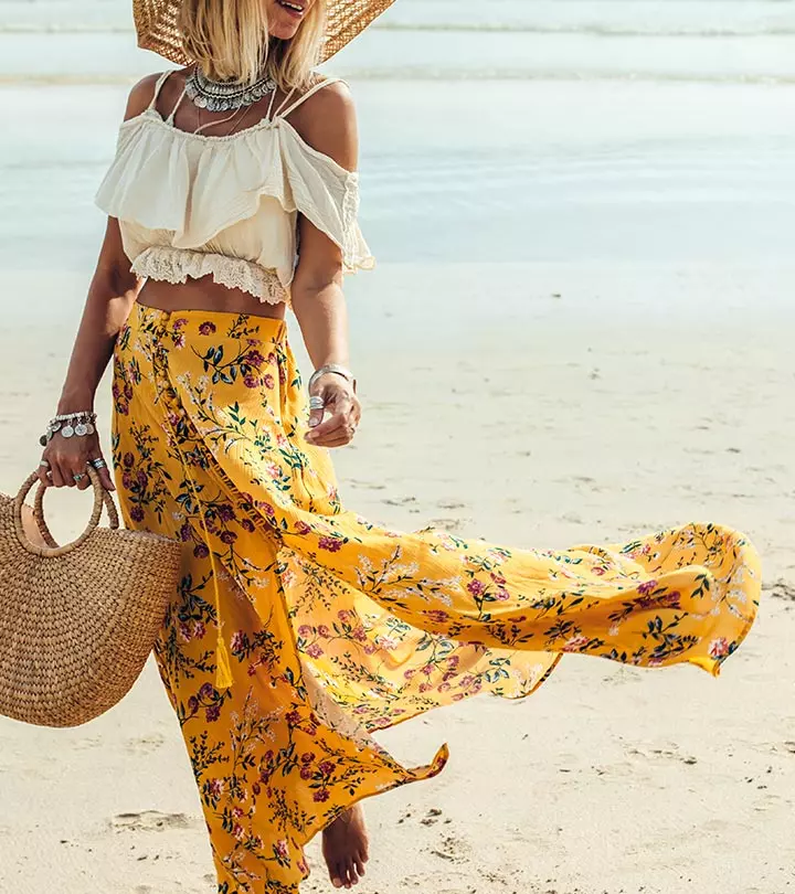 Woman wearing a stylish denim skirt