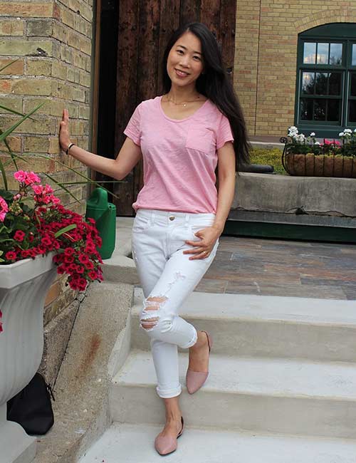 White jeans with pink undertones