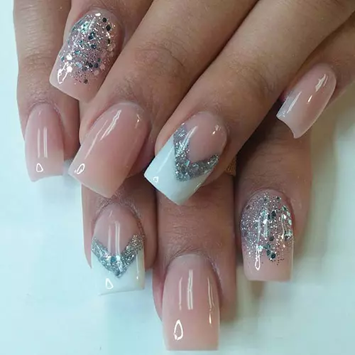 White and silver glitter acrylic nail design