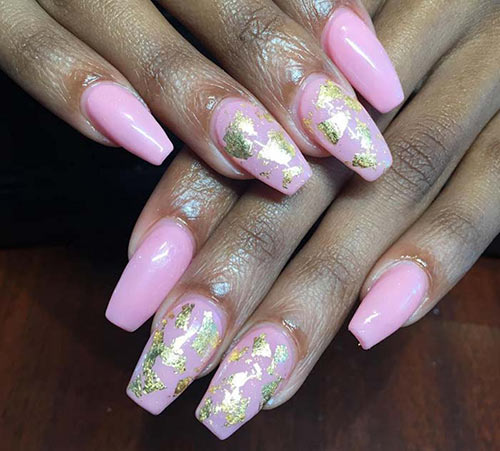 Pink acrylic nail design with gold foil