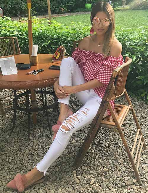 White ripped jeans with off shoulder top