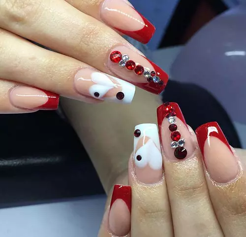 Red tip jewel accents acrylic nail design