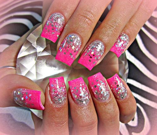 Pink and silver glitter acrylic nail design
