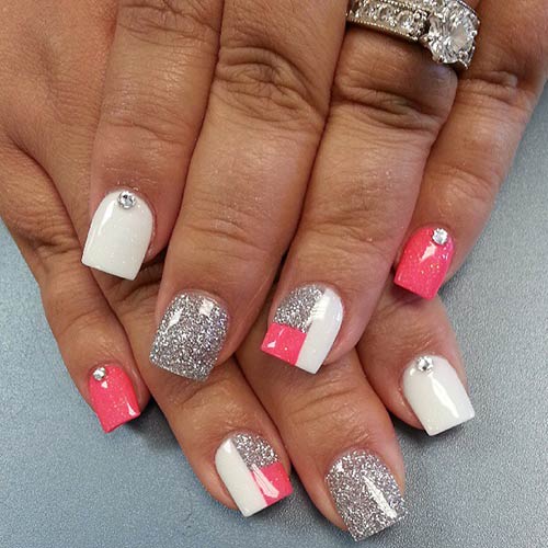 Peach, white, and silver glitter acrylic nail design