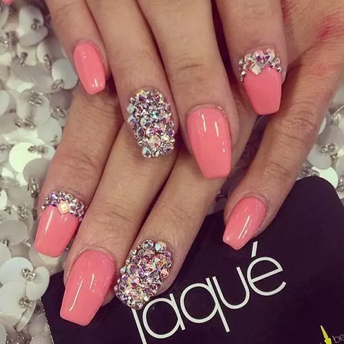 Chunky rhinestones pink acrylic nail design