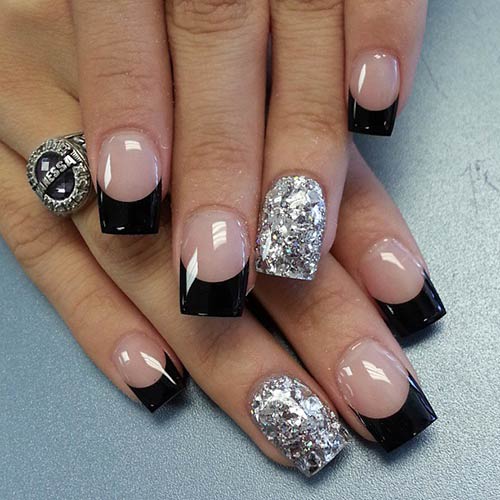 Black French tipped acrylic nail design in pink and silver