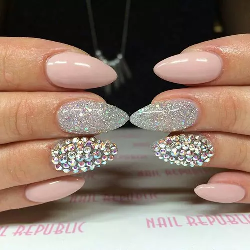 Rhinestones and glitter almond acrylic nail design