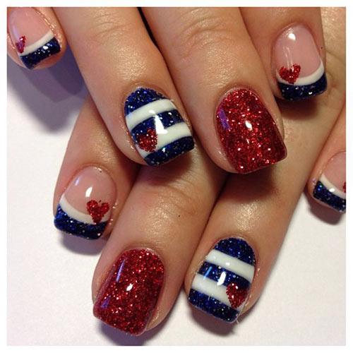 White, blue and red glitter acrylic nail design