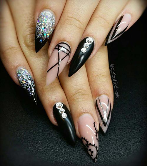 Black and silver acrylic nail design