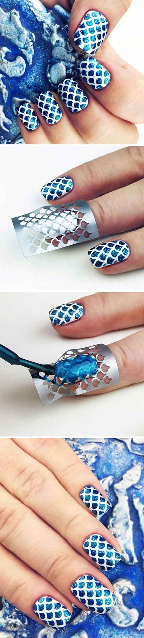 Blue mermaid scales acrylic nail design