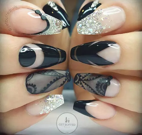 Goth and glitter acrylic nail design