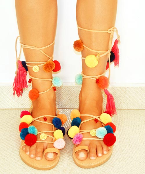 Pretty boho sandals with pom-poms