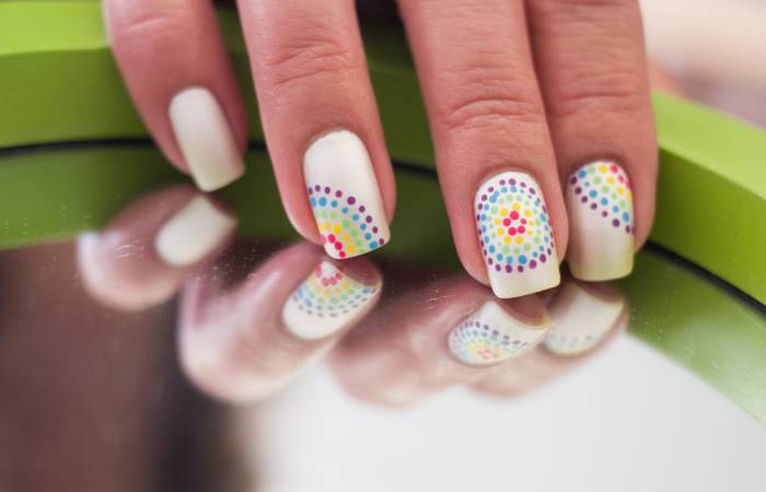 Rainbow polka dots acrylic nail design