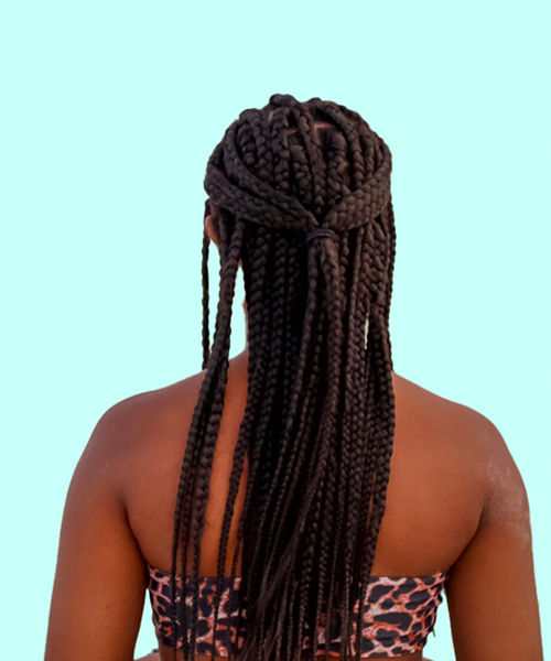Simple black half knotted micro braids hairstyle